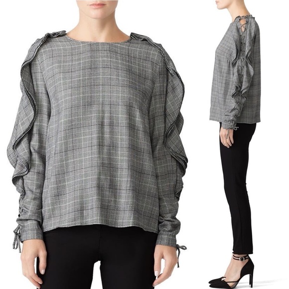 PETERSYN Layer Ruffle Grommet Lace Up Long Sleeve Plaid Check Statement Blouse L - Picture 1 of 9